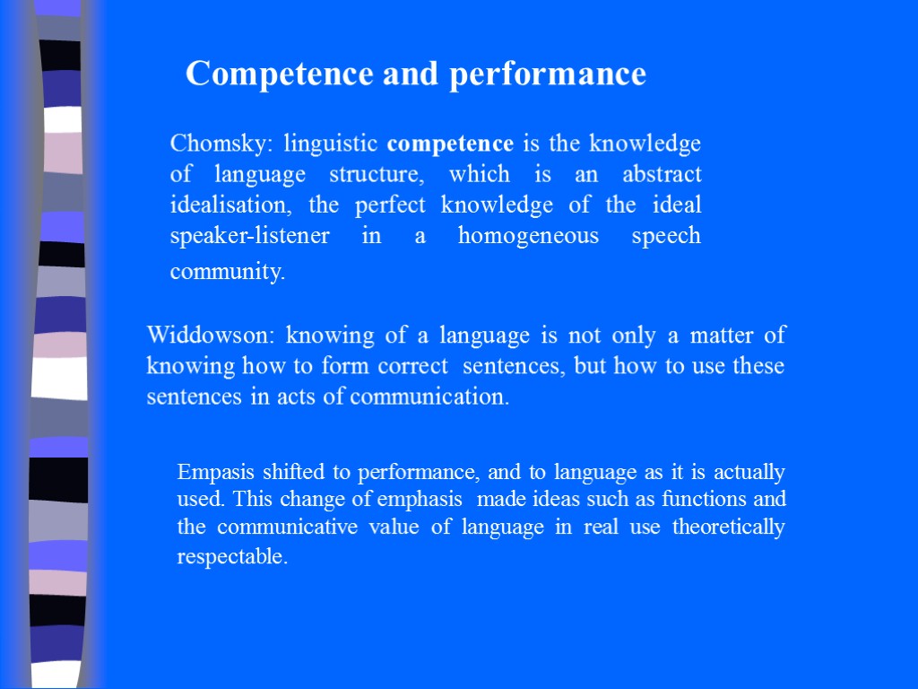 Competence and performance Chomsky: linguistic competence is the knowledge of language structure, which is